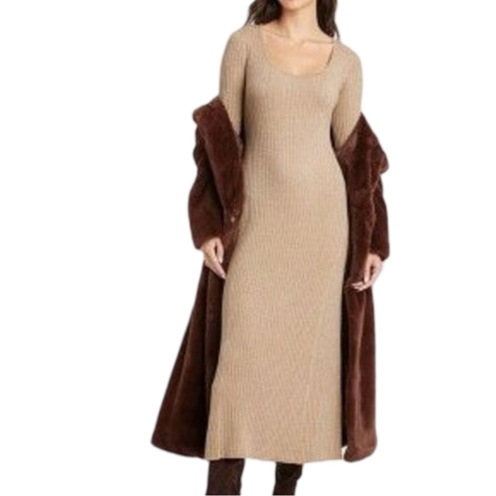A New Day Women’s Ribbed Long Sleeve Midi Sweater Dress – Tan, Size Medium NWT!